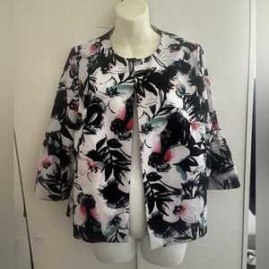 Lane Bryant Womens Open Front Blazer 10/12 White Black Floral 3/4 Bell Sleeve